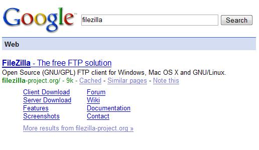 Searching for Filezilla on Google